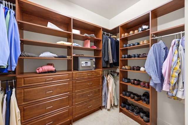 walk in closet with light carpet