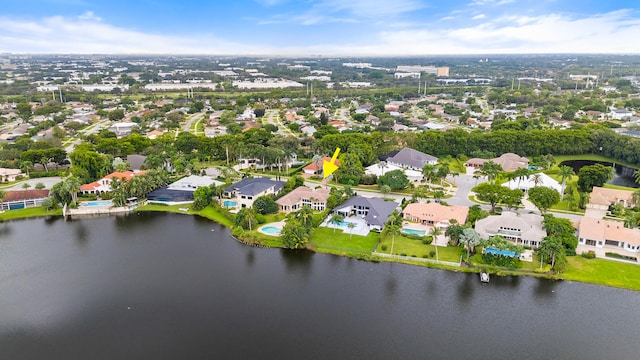 drone / aerial view featuring a water view