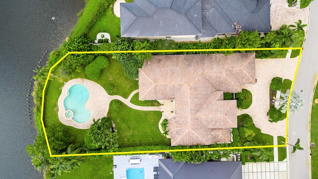 aerial view featuring a water view