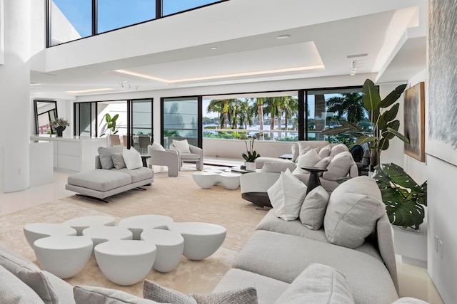 living room with a tray ceiling