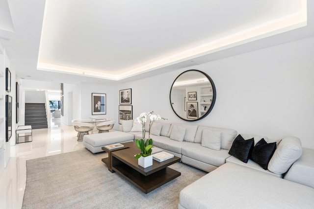 living room with a raised ceiling