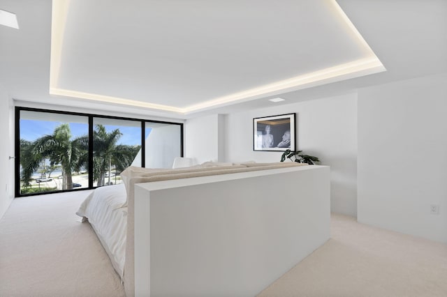 bedroom with access to outside, light colored carpet, and a tray ceiling