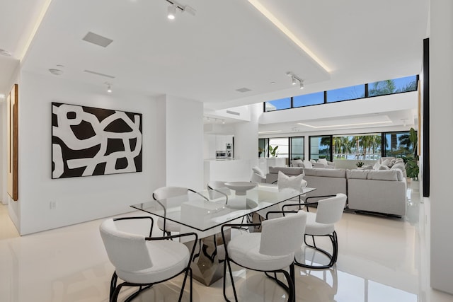 dining area featuring rail lighting