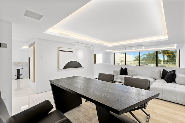 interior space featuring light wood-type flooring, a raised ceiling, and rail lighting