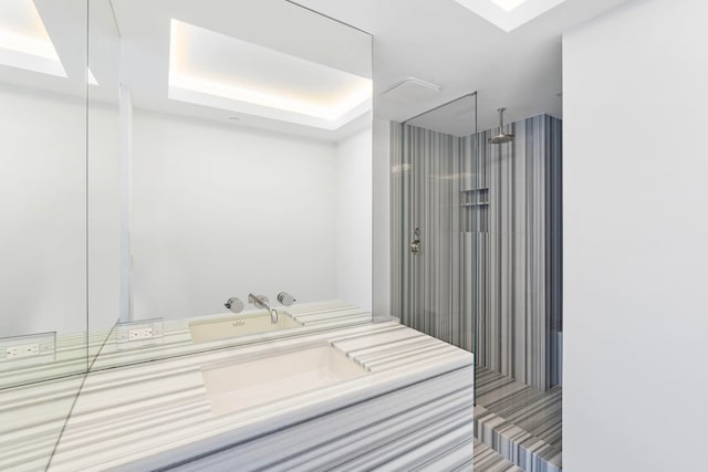 bathroom with vanity, walk in shower, and a skylight