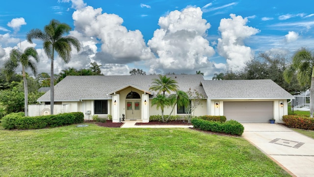 view of front of property with a garage and a front yard