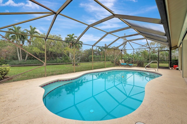 view of pool featuring a yard, a lanai, and a patio