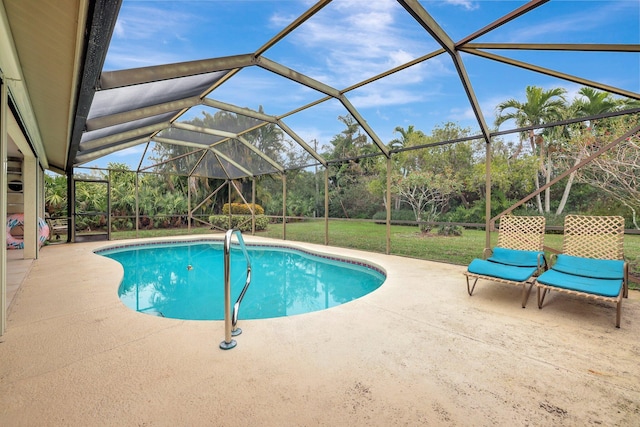 view of swimming pool with a lanai and a patio area