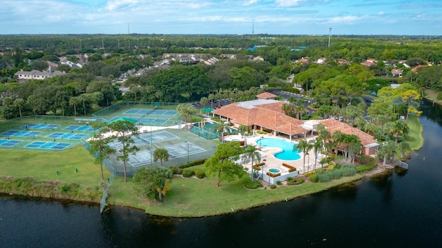 bird's eye view with a water view