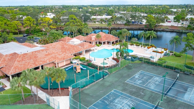 aerial view featuring a water view