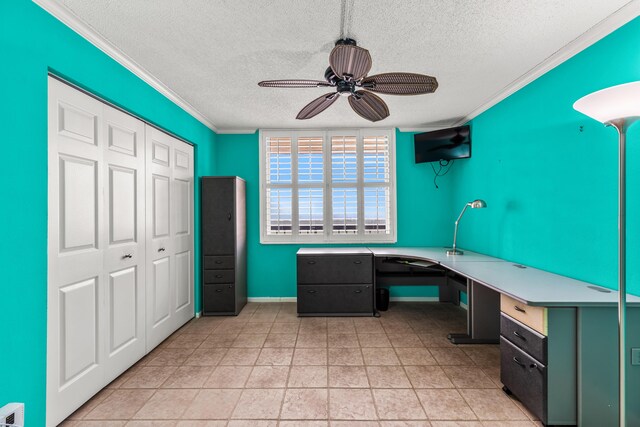 9500 S Ocean Dr Unit 1909, Jensen Beach, FL 34957 - unfurnished office featuring a textured ceiling, a ceiling fan, ornamental molding, baseboards, and light tile patterned flooring
