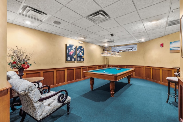 recreation room featuring pool table, a drop ceiling, and carpet flooring