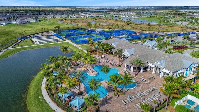 birds eye view of property featuring a water view