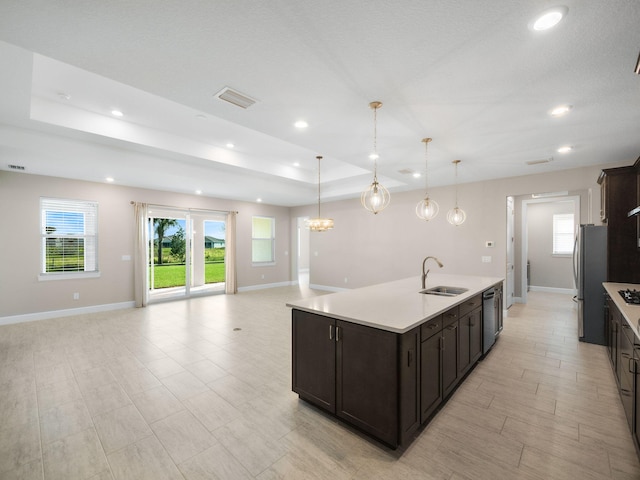 kitchen featuring decorative backsplash, a raised ceiling, dark brown cabinetry, and wine cooler