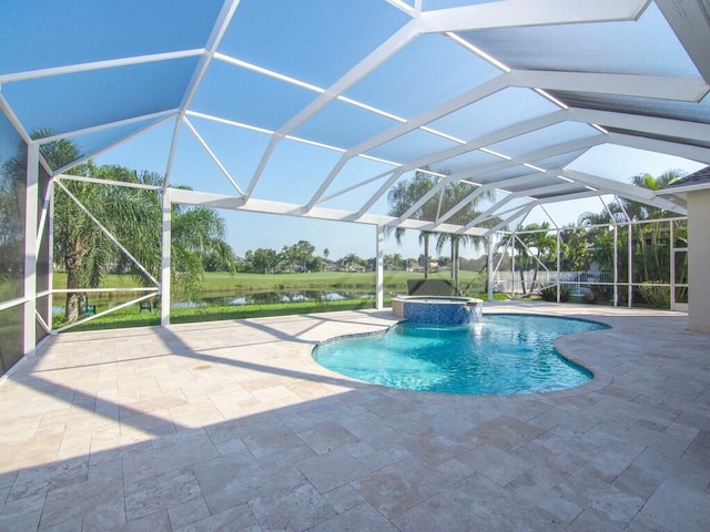 view of swimming pool featuring an in ground hot tub, a patio area, a lanai, and a water view