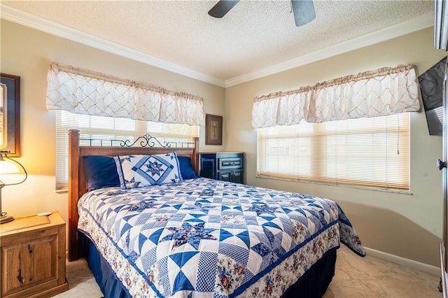 bedroom featuring ornamental molding, a textured ceiling, and ceiling fan