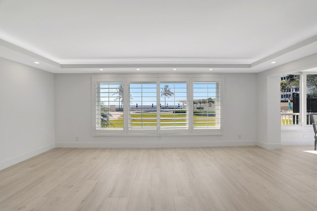 unfurnished room with light hardwood / wood-style floors and a tray ceiling