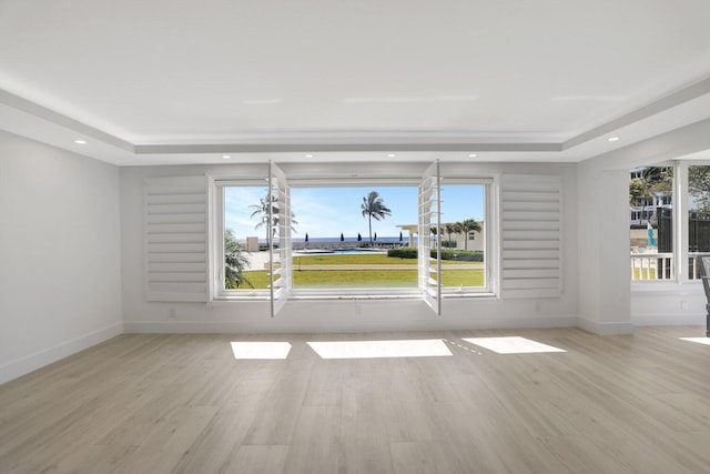 spare room with a tray ceiling and light wood-type flooring