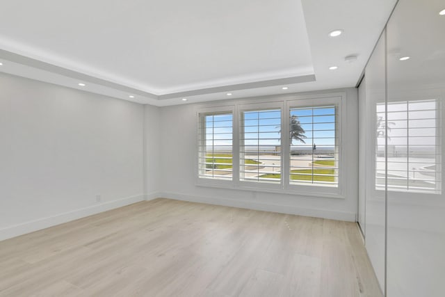 unfurnished room with a tray ceiling and light hardwood / wood-style floors