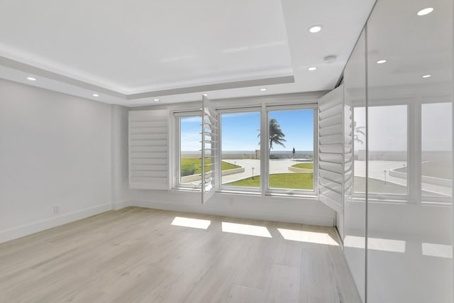 unfurnished room featuring a water view, light hardwood / wood-style floors, and a raised ceiling