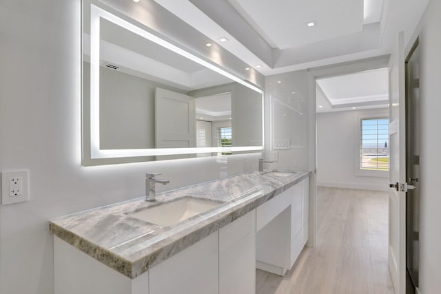 bathroom featuring vanity, a tray ceiling, and wood-type flooring