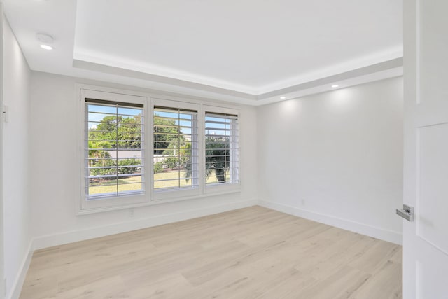 spare room with a tray ceiling and light hardwood / wood-style flooring