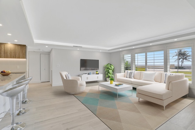 living room with light hardwood / wood-style flooring, a raised ceiling, and plenty of natural light