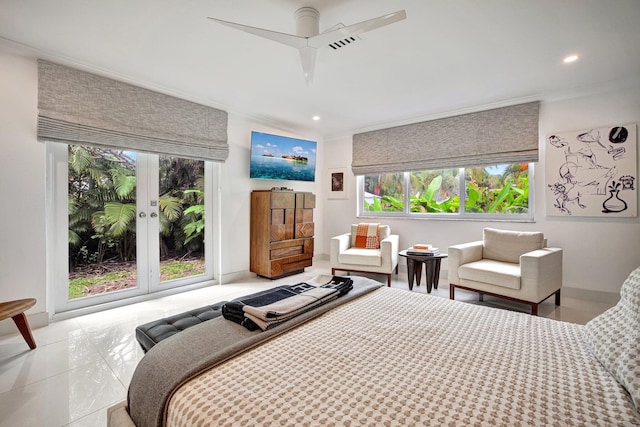 bedroom with french doors, ceiling fan, and ornamental molding