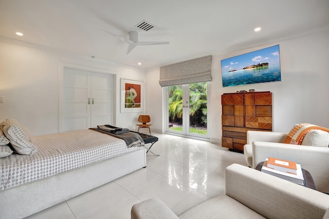 bedroom with access to outside, french doors, light tile patterned floors, and ceiling fan