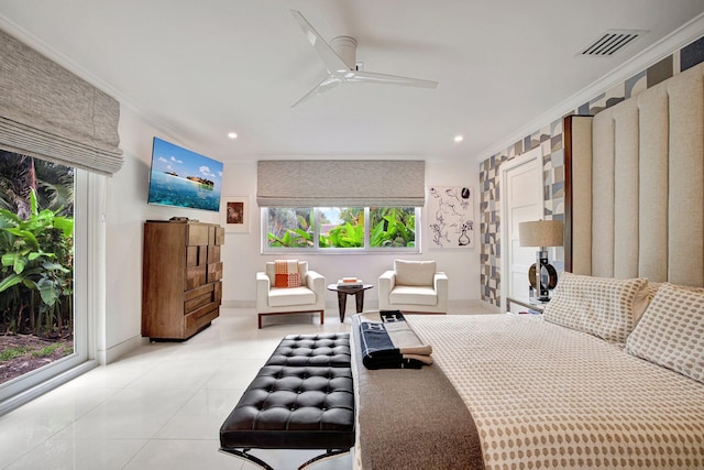 tiled bedroom with crown molding, multiple windows, access to outside, and ceiling fan