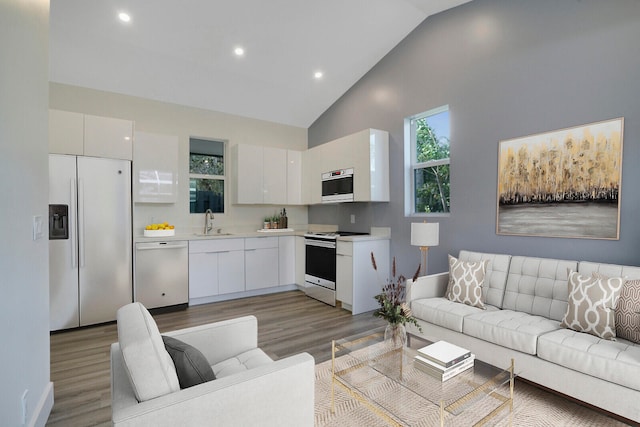 living room with light hardwood / wood-style floors, sink, and high vaulted ceiling