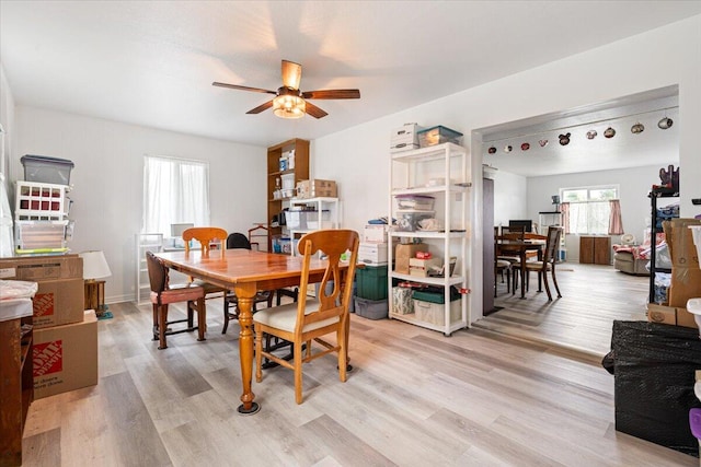 dining area with light hardwood / wood-style floors and ceiling fan