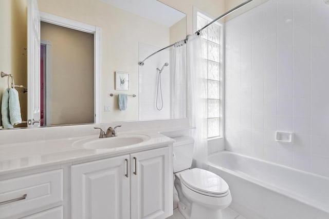 full bathroom featuring toilet, vanity, shower / bath combination with curtain, and tile patterned flooring