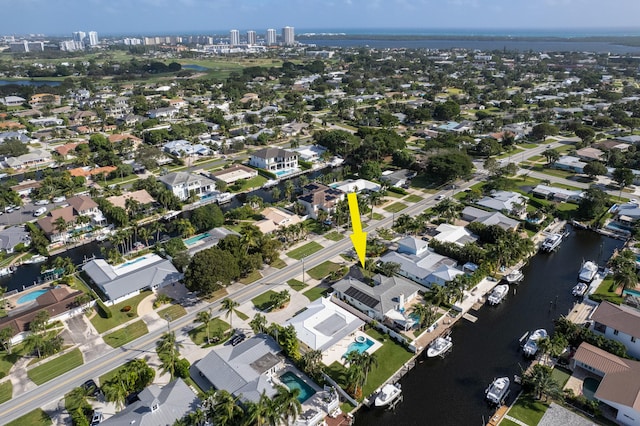 bird's eye view with a water view