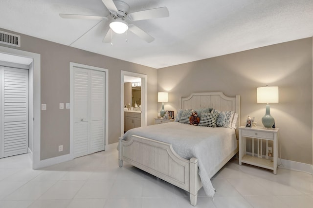 bedroom with a closet, ceiling fan, and ensuite bath