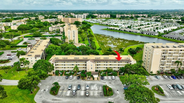 aerial view featuring a water view