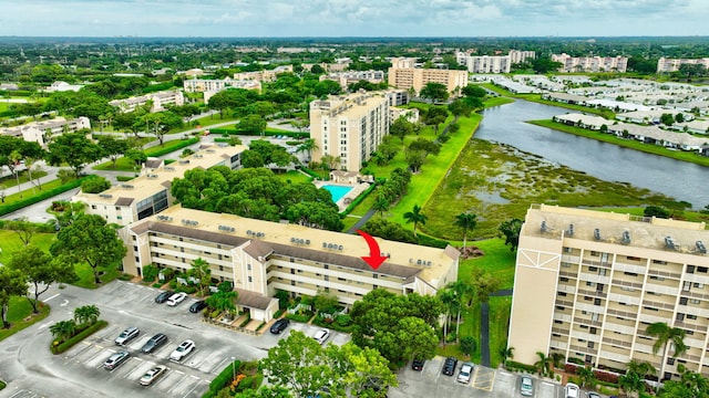 drone / aerial view featuring a water view