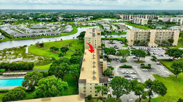 drone / aerial view featuring a water view