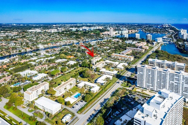 drone / aerial view featuring a water view