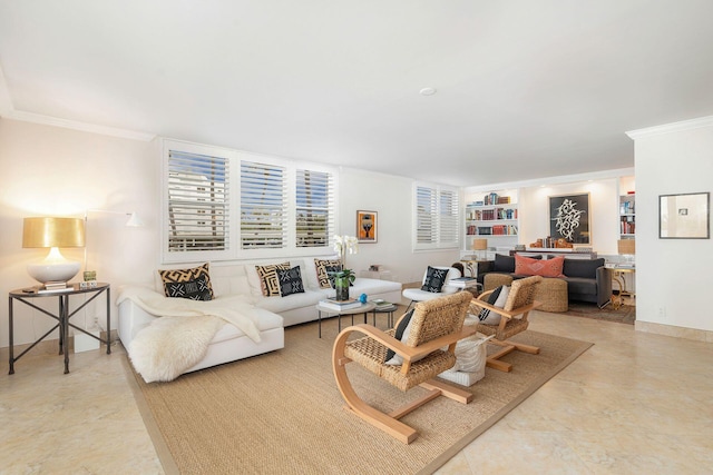 living room with ornamental molding