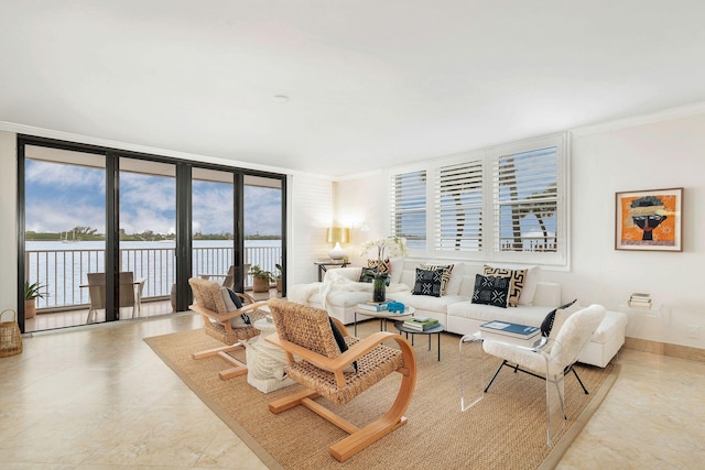 living room featuring floor to ceiling windows, crown molding, and plenty of natural light