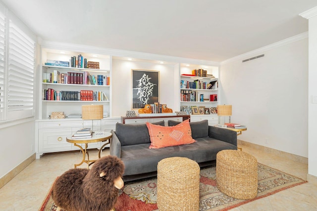 living area with ornamental molding, built in features, and light tile patterned floors