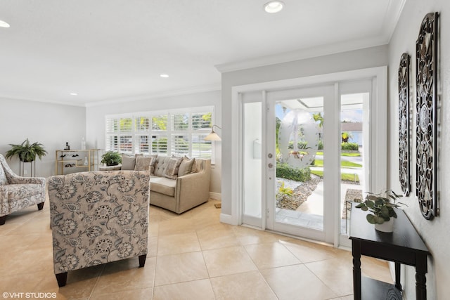 interior space featuring light tile patterned floors and ornamental molding