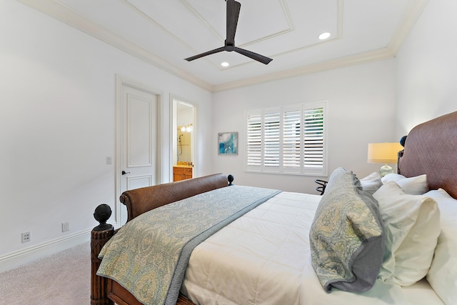 carpeted bedroom featuring ornamental molding, ceiling fan, and ensuite bathroom