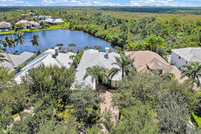 drone / aerial view featuring a water view