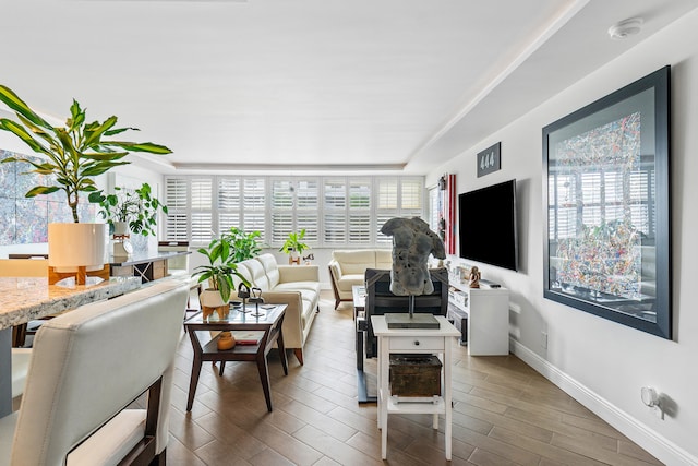 living room with wood-type flooring and a wealth of natural light