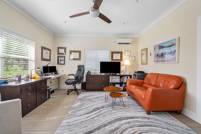 office area featuring ornamental molding, light hardwood / wood-style flooring, a wall mounted air conditioner, and ceiling fan