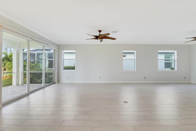 unfurnished room with ceiling fan and ornamental molding