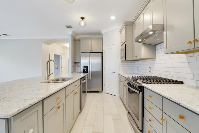 kitchen featuring decorative backsplash, stainless steel appliances, extractor fan, sink, and gray cabinets