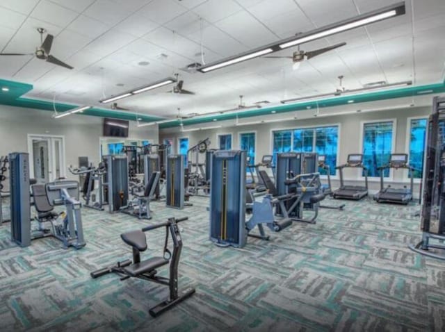 gym featuring ceiling fan and carpet floors